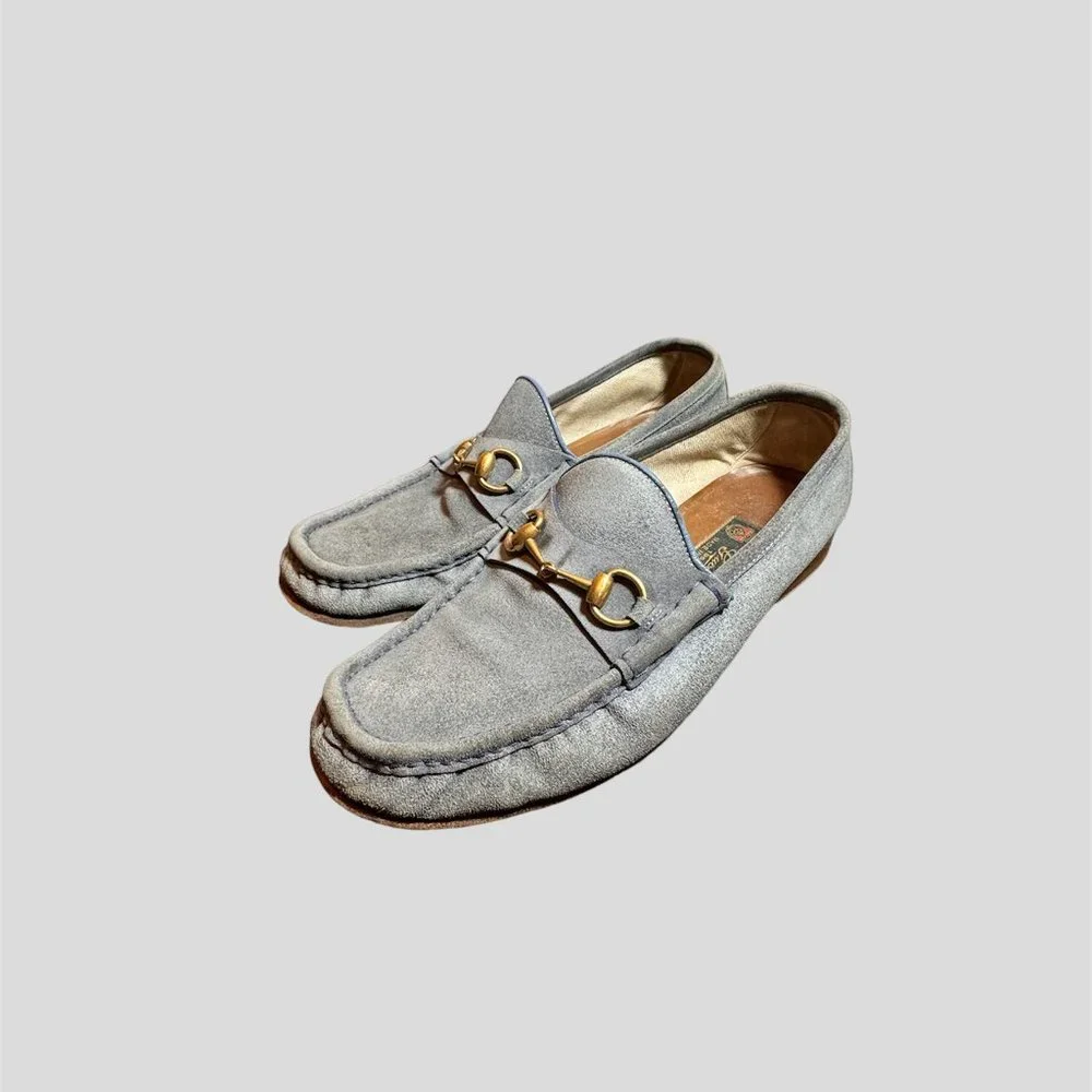 Gucci size 10 blue/grey suede horsebit slipon loafer shoes